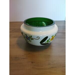 VTG BOHEMIAN CZECH Case ,White Cut Green Glass Painted Flowers Gold Bowl READ